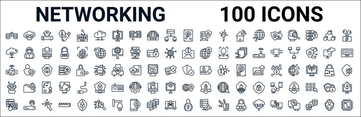 outline set of networking line icons. linear vector icons such as cloud server,cloud storage,spam,wlan,protected,bot,internet security,padlock. vector illustration - obrazy, fototapety, plakaty