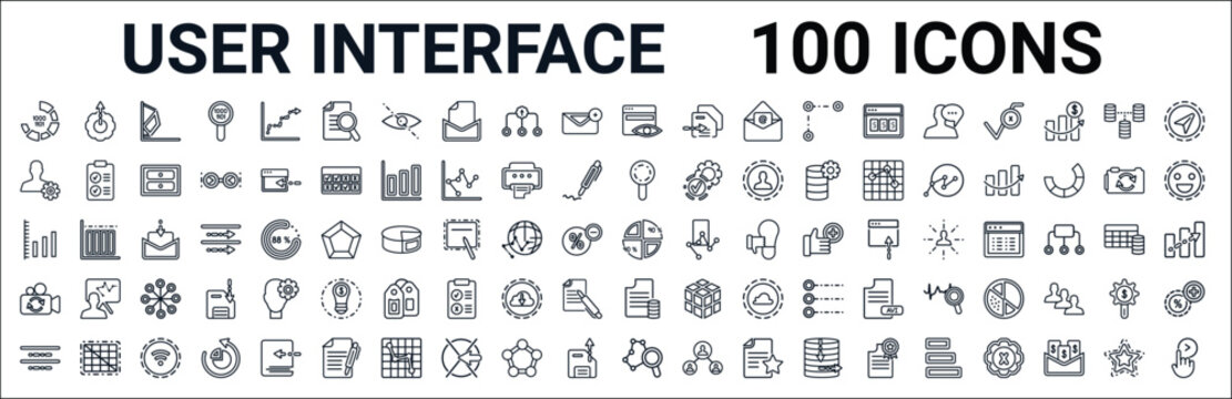 outline set of user interface line icons. linear vector icons such as upload setup,user setting interface,search shot interface with a magnifier tool,multiple variable lines,percentage chart,switch