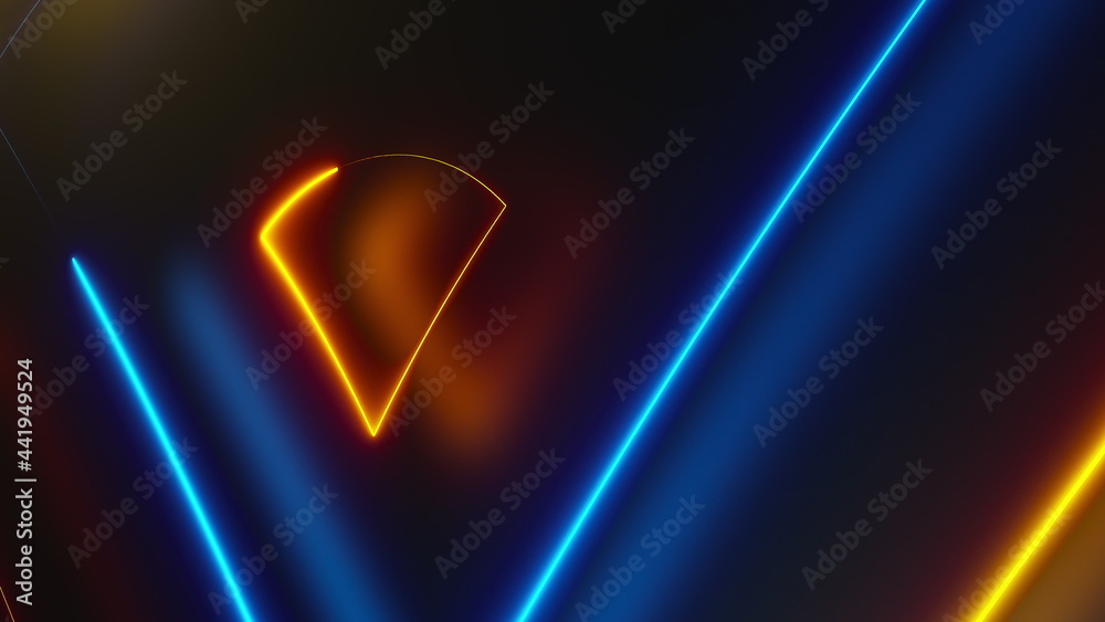 Poster dark space with abstract neon trianglees, computer generated. 3d rendering of futuristic shining bac