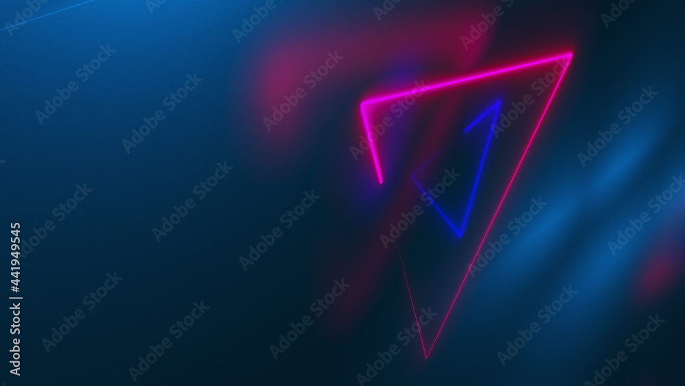 Poster dark space with abstract neon trianglees, computer generated. 3d rendering of futuristic shining bac
