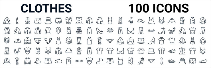 outline set of clothes line icons. linear vector icons such as mannequin,hoodie,mittens,shawl,knickers,pants,blouse,briefs. vector illustration - obrazy, fototapety, plakaty