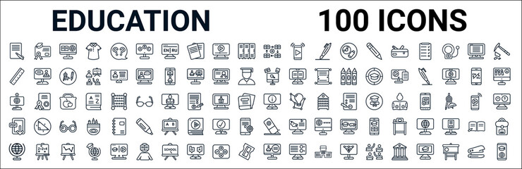 outline set of education line icons. linear vector icons such as diploma,ruler,knowledge,web camera,information,pdf,eraser,online class. vector illustration