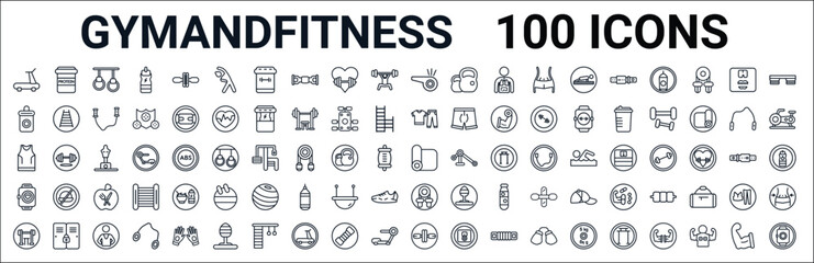 Fototapeta premium outline set of gymandfitness line icons. linear vector icons such as protein,isotonic,sport wear,sleeveless,mat,fitness tracker,rope,roller. vector illustration
