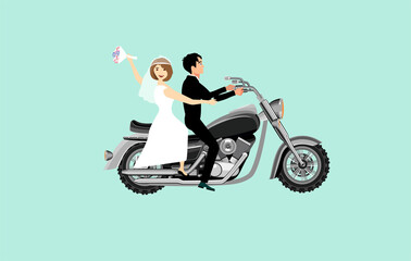 Happy just married couple rides on the byke  wedding photo, bride and groom in the frame, flat vector illustration