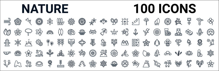outline set of nature line icons. linear vector icons such as petunia,almond,cannabis,fire hydrant,tree,tea,dianthus,sunset. vector illustration