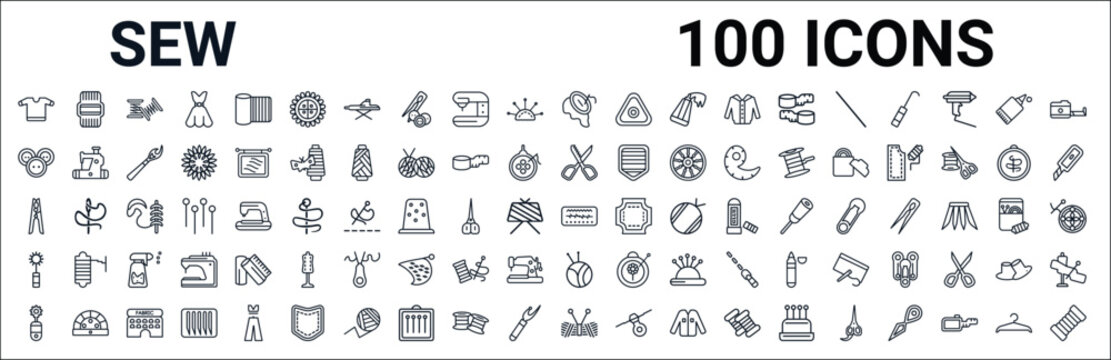 outline set of sew line icons. linear vector icons such as wool ball,button,pinking shears,clothespin,stitches,water spray,ball of wool,zipper. vector illustration