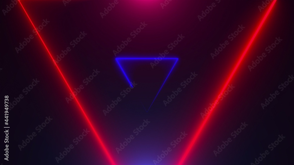 Poster many neon triangles in space, abstract computer generated backdrop, 3d rendering backdround