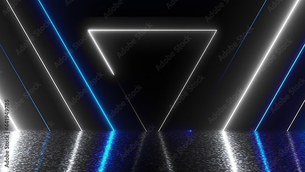 Poster many neon triangles in space, abstract computer generated backdrop, 3d rendering backdround