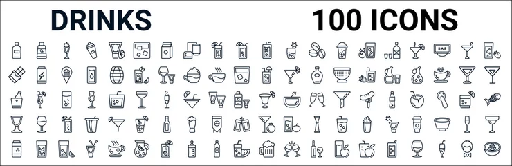 Foto op Plexiglas outline set of drinks line icons. linear vector icons such as juice bottle,chocolate,planter's punch,ice bucket and bottle,last word drink,sidecar drink,pomegranate martini,beer mug. vector © Digital Bazaar