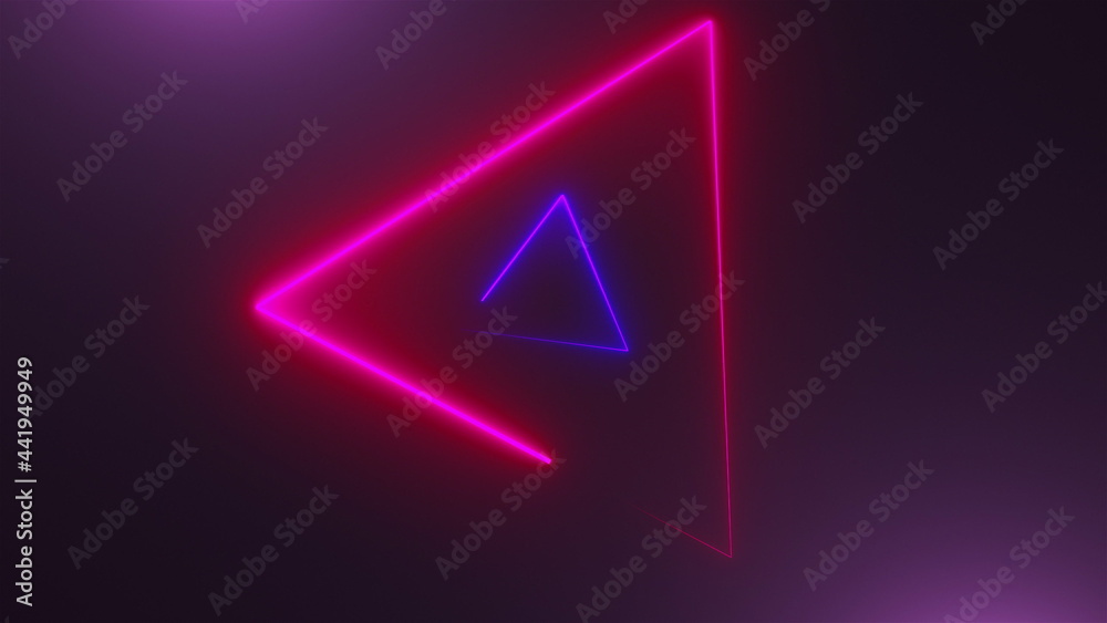 Poster many neon triangles in space, abstract computer generated backdrop, 3d rendering backdround