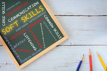 Soft skills with lists of example on chalkboard. Business job success concept and job challenge...