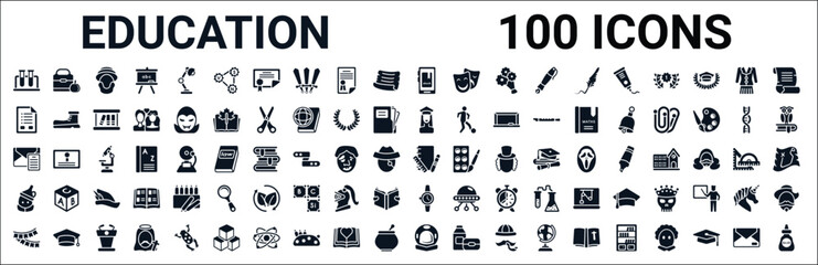 set of 100 glyph education web icons. filled icons such as lunch box,exam,student,invitation,school material,wizard of oz,watch,astronaut. vector illustration