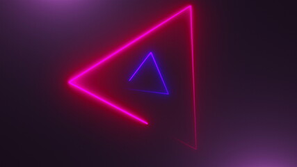 Many neon triangles in space, abstract computer generated backdrop, 3D rendering backdround