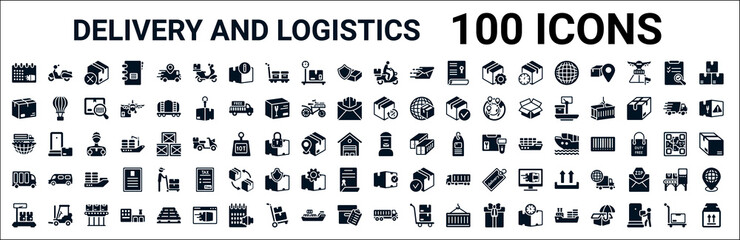 set of 100 glyph delivery and logistics web icons. filled icons such as scooter,package,delivery day,global logistic,postbox,delivery,packages,transportation. vector illustration