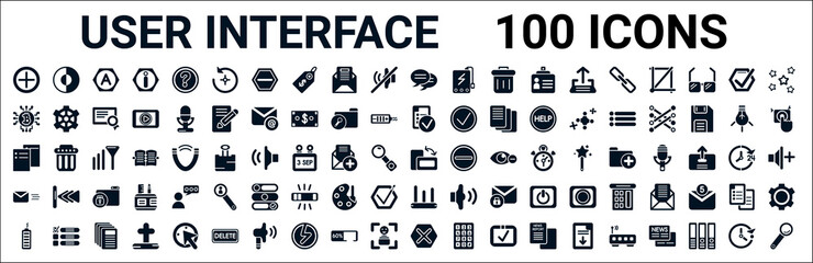 set of 100 glyph user interface web icons. filled icons such as hue circle,digital currency,form,new tab button,switch orientation button,email envelope button,vertical bar,round delete button.