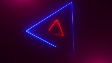 Many neon triangles in space, abstract computer generated backdrop, 3D rendering backdround