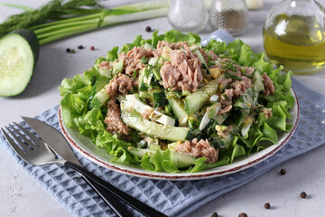 Salad with canned tuna, green onions, eggs and cucumber, seasoned with olive oil. Served on green lettuce leaves. Healthy food.