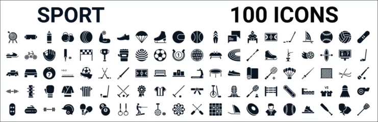 Zelfklevend Fotobehang Sportwinkel set of 100 glyph sport web icons. filled icons such as sport goggles,snowmobile sport,kickball,rallycross,training,bodybuilding,karate,rafting. vector illustration  © Digital Bazaar
