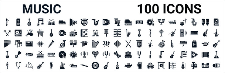 set of 100 glyph music web icons. filled icons such as amplifier,drumsticks,clef,panpipe,equalizer,banjo,clave,electric guitar. vector illustration