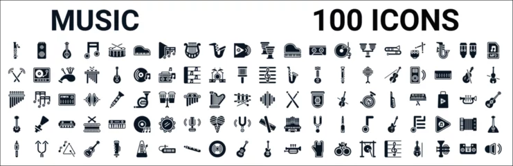 Fotobehang set of 100 glyph music web icons. filled icons such as amplifier,drumsticks,clef,panpipe,equalizer,banjo,clave,electric guitar. vector illustration © Digital Bazaar