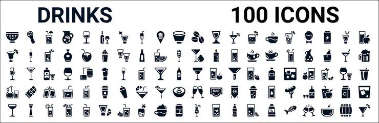 Foto op Aluminium set van 100 glyph-drankjes webpictogrammen. gevulde pictogrammen zoals opener, laatste woord drankje, granaatappel martini, mai thai, margarita, waterkan, wijn toast, seks op het strand. vector illustratie © Digital Bazaar