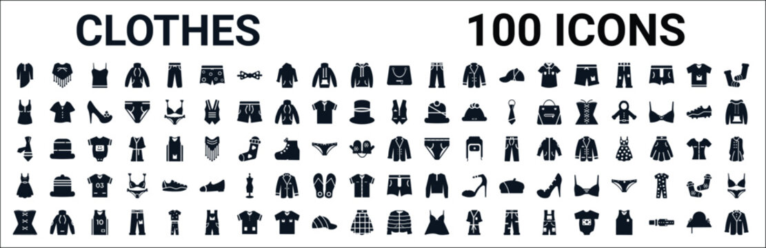 set of 100 glyph clothes web icons. filled icons such as poncho,tank top,waistcoat,cravat,coat,dress,boxers,puffer jacket. vector illustration