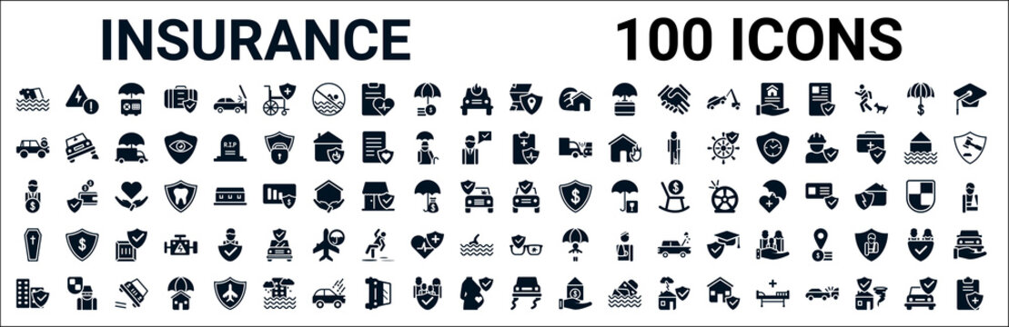 set of 100 glyph insurance web icons. filled icons such as problem electric,excessive weight for the vehicle,health insurance,beneficiary,repair,coffin,glasses insurance,slippery road. vector