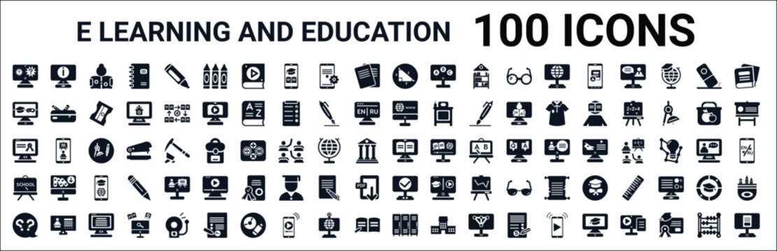 set of 100 glyph e learning and education web icons. filled icons such as information,game-based learning,online,qualification,digital book,chalkboard,progress,lockers. vector illustration