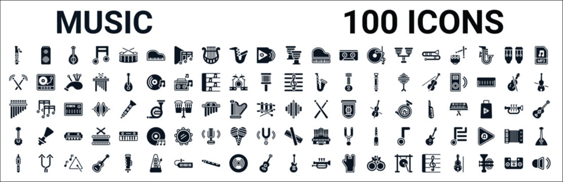 set of 100 glyph music web icons. filled icons such as amplifier,drumsticks,clef,panpipe,equalizer,banjo,clave,electric guitar. vector illustration