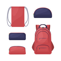 A school kit consisting of red and blue school bags, such as a kra backpack, a rectangular and round pencil case for pens and pencils, and a shoe bag. Vector illustration isolated on white background