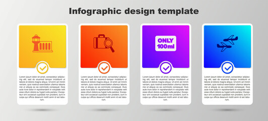 Set Airport control tower, Lost baggage, Liquids in carry-on and Plane. Business infographic template. Vector