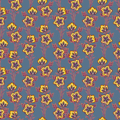 Seamless pattern with flowers blossom foliage and leaves tribal traditional style for fabric print fashion watercolor