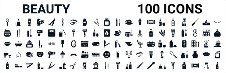 set of 100 glyph beauty web icons. filled icons such as candle,facial cream,massage,lips,lip gloss,hair washer sink,skincare,razor. vector illustration