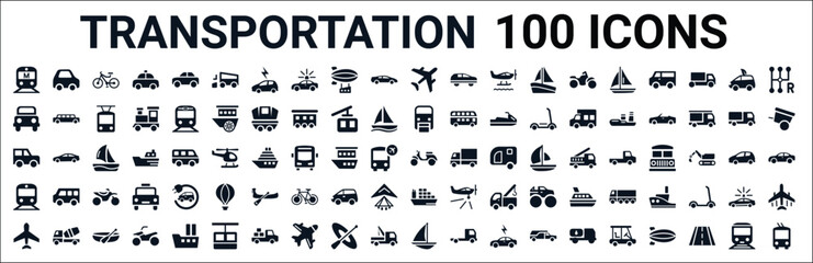 set of 100 glyph transportation web icons. filled icons such as litter car,off road,monorail,jalopy,subway,cargo ship,schooner. vector illustration