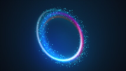 Ring shape from rainbow lines and colored luminous particles. 3d render computer generated abstract background