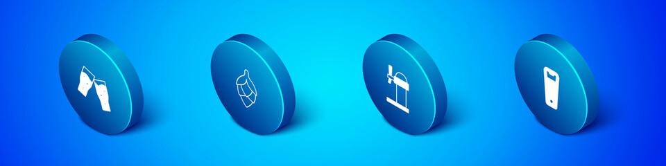 Set Isometric Glass of beer, Dispenser, Bottle opener and Hop icon. Vector