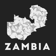 Zambia - communication network map of country. Zambia trendy geometric design on dark background. Technology, internet, network, telecommunication concept. Vector illustration.