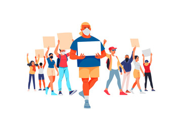 Peaceful rights protest. Protester man holding empty banner. Men and women parade participation. Parade rights, adult picket and strike. People hold banners. Cartoon Flat style vector illustration.