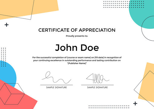 Certificate of Appreciation template with abstract geometric memphis style design.