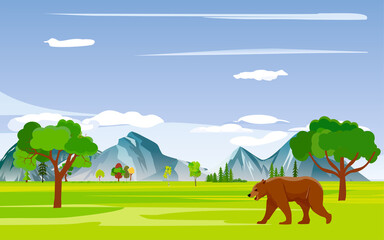 Wild nature landscape. bear walking in the land, vector illustration