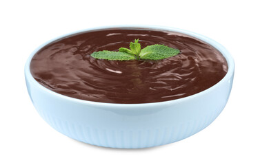 Delicious chocolate cream with mint in bowl on white background