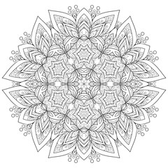 Big floral mandala with round and striped patterns on a white isolated background. For coloring book pages.