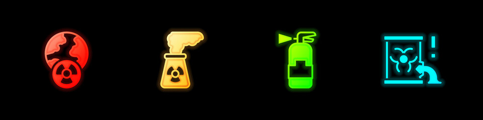 Set Planet earth and radiation, Nuclear power plant, Fire extinguisher and Radioactive waste barrel icon. Vector