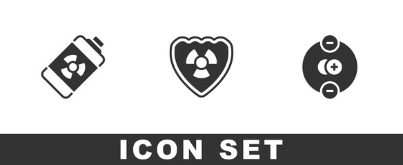 Set Nuclear energy battery, Radioactive in shield and Atom icon. Vector