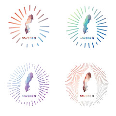 Sweden low poly sunburst set. Logo of country in geometric polygonal style. Vector illustration.