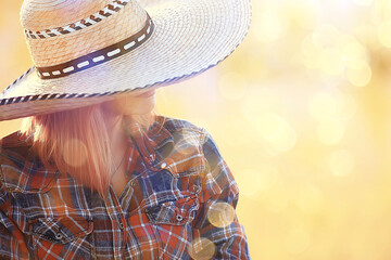 sexy cowboy girl in hat, country style summer american west