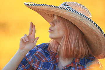 sexy cowboy girl in hat, country style summer american west
