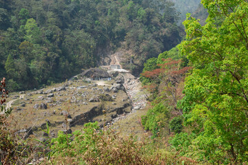 Aerial view view of himalayan rivulet in the forest.