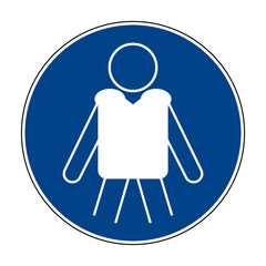 Wear personal flotation devices (PDF) sign. Vector illustration of circular blue mandatory sign with man wearing life jacket. Safety sign. Risk of drowning. ISO 7010 - M053. 