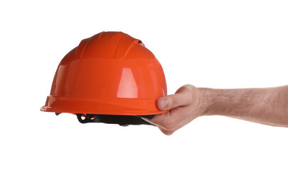 Man holding orange hard hat on white background, closeup